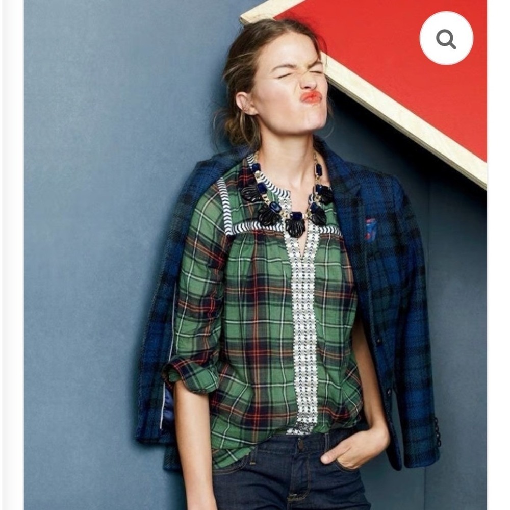 J.Crew Green Plaid Madras Peasant Top Cotton‎ Flowy Split Neck Sz 6 Cottagecore